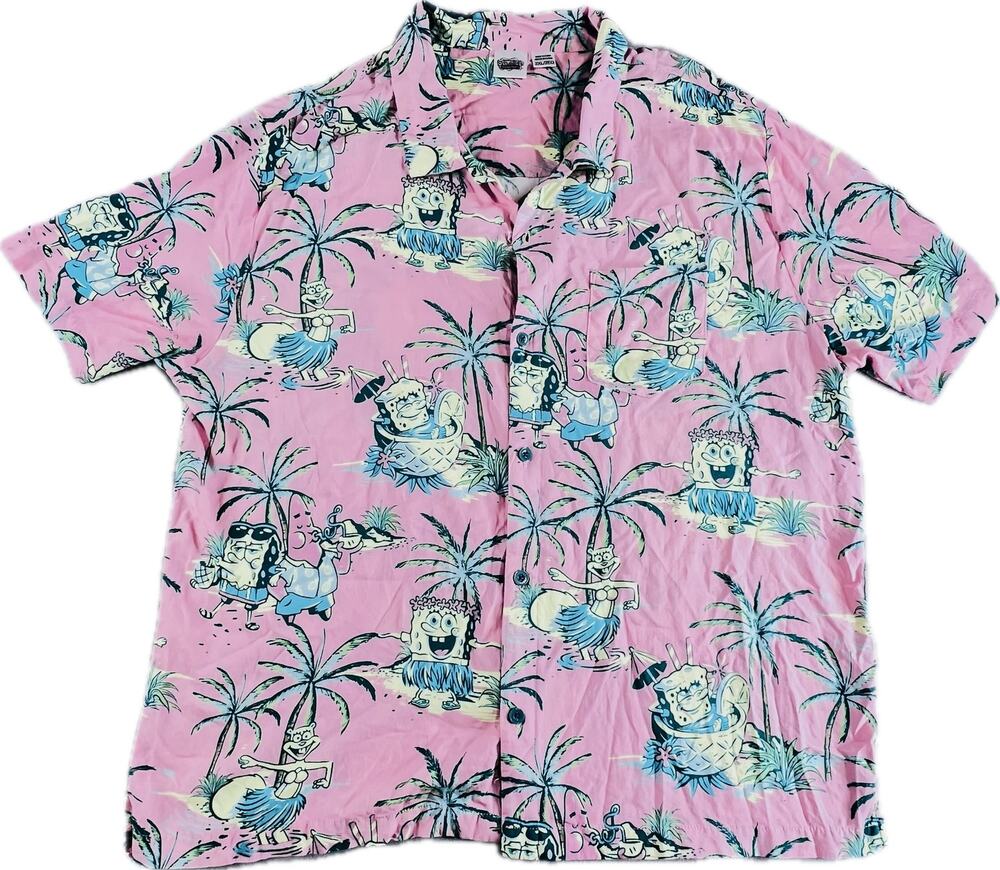 SpongeBob SquarePants Hawaiian Shirt Mens 2XL Pink Tropical Hula Button Up Short